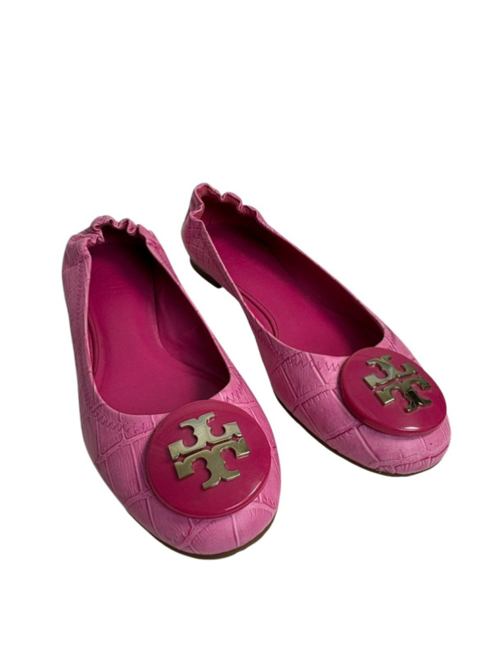 Retro Tory Burch Reva Ballet Flats Pink Croc Embossed Leather Gold Logo 6.5
